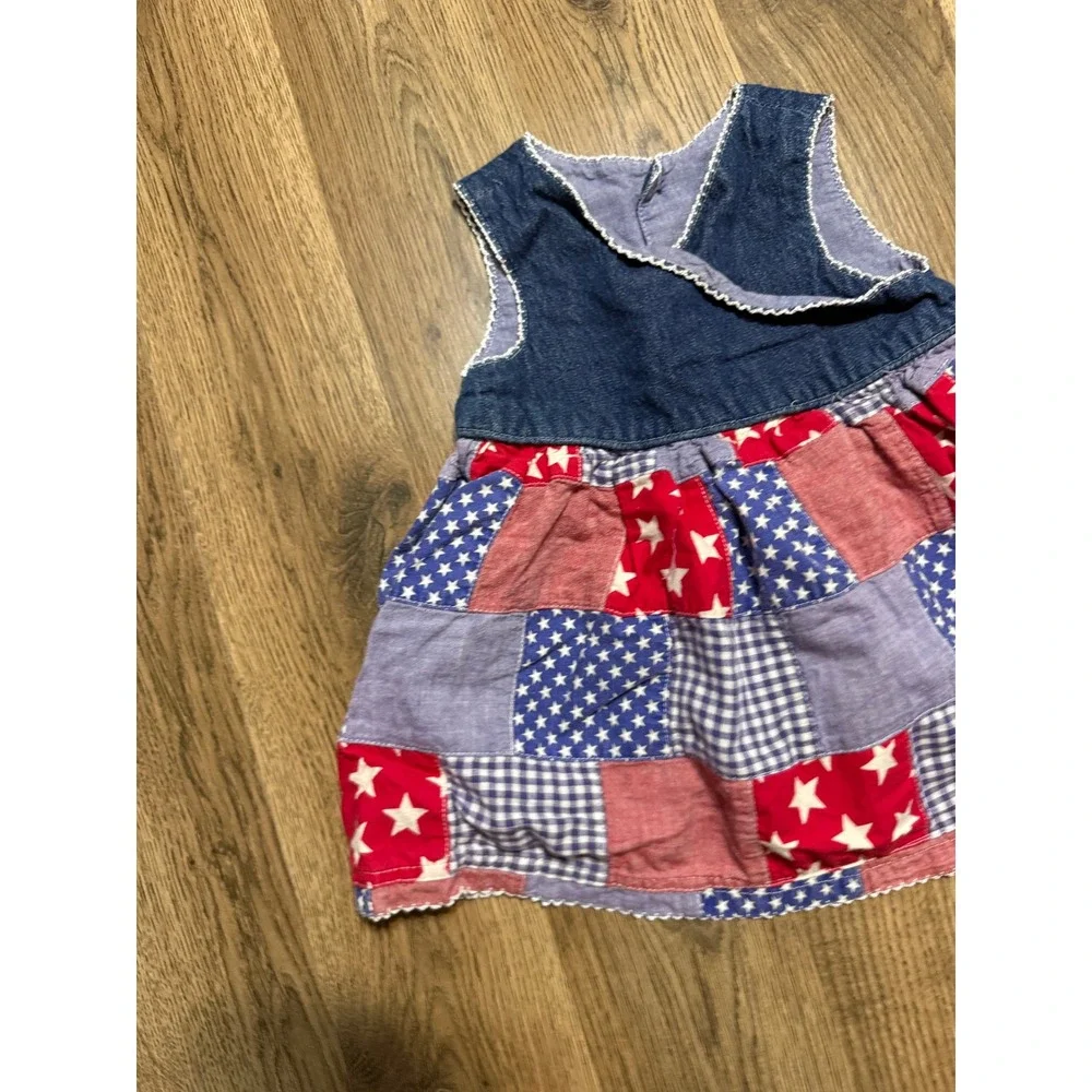 Unbranded Dress Girls Size 12M Blue Red White Patchwork Denim Stars Sleeveless
